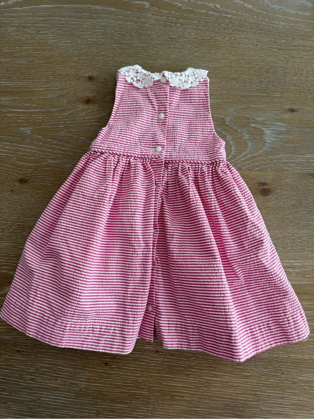 Ralph Lauren Pink and White Striped Seer Sucker Lace-Trim Pearl Bead Dress, 18m